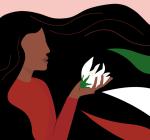 Grafisches Bild, Farben Flagge Iran, Frau, lange dunke Haare mit weißer Blüte in der Hand